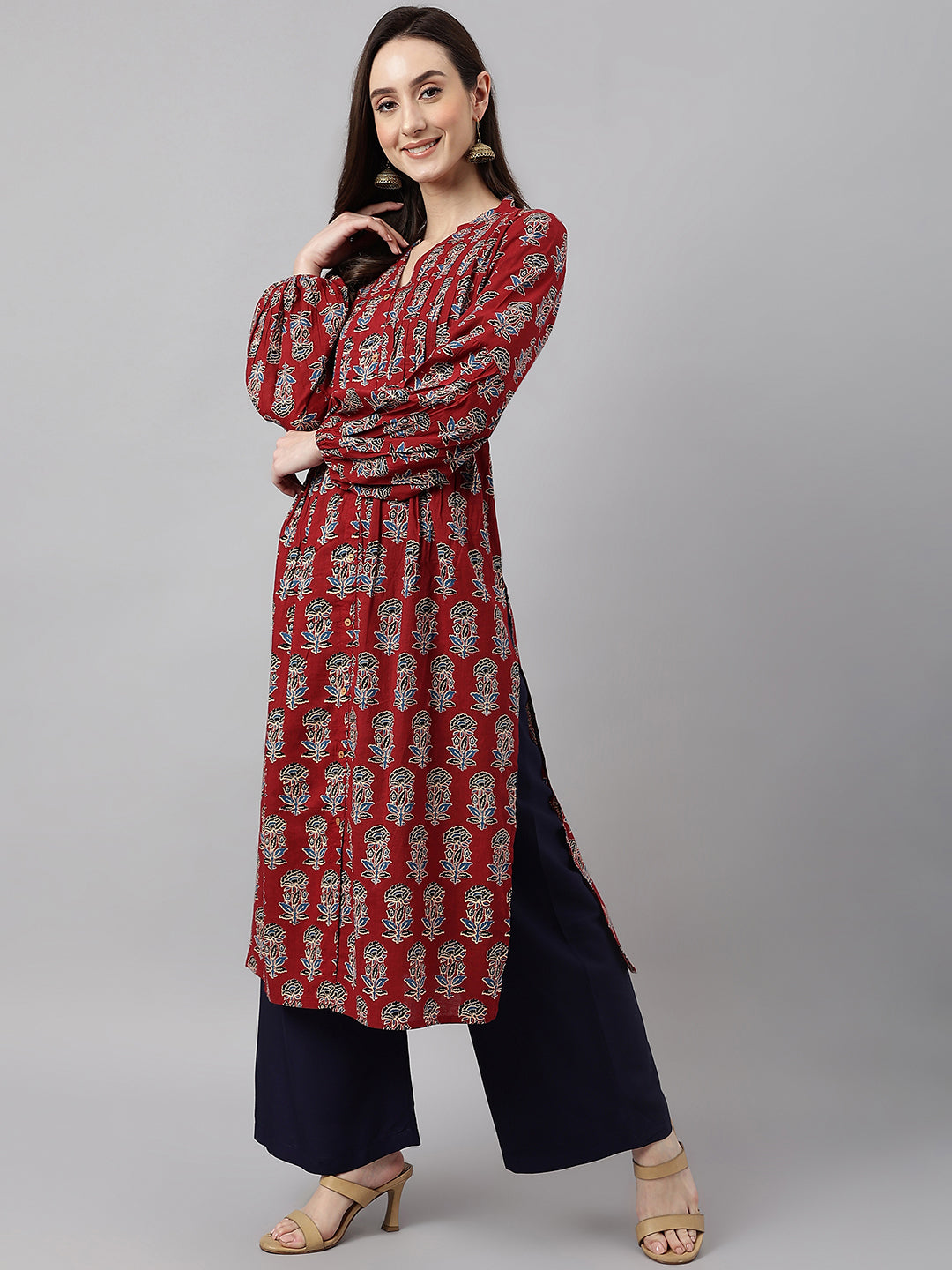 Women's Maroon Cotton Floral Print Flared Kurta Janasya