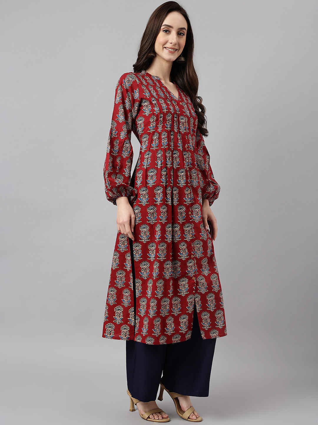 Women's Maroon Cotton Floral Print Flared Kurta Janasya