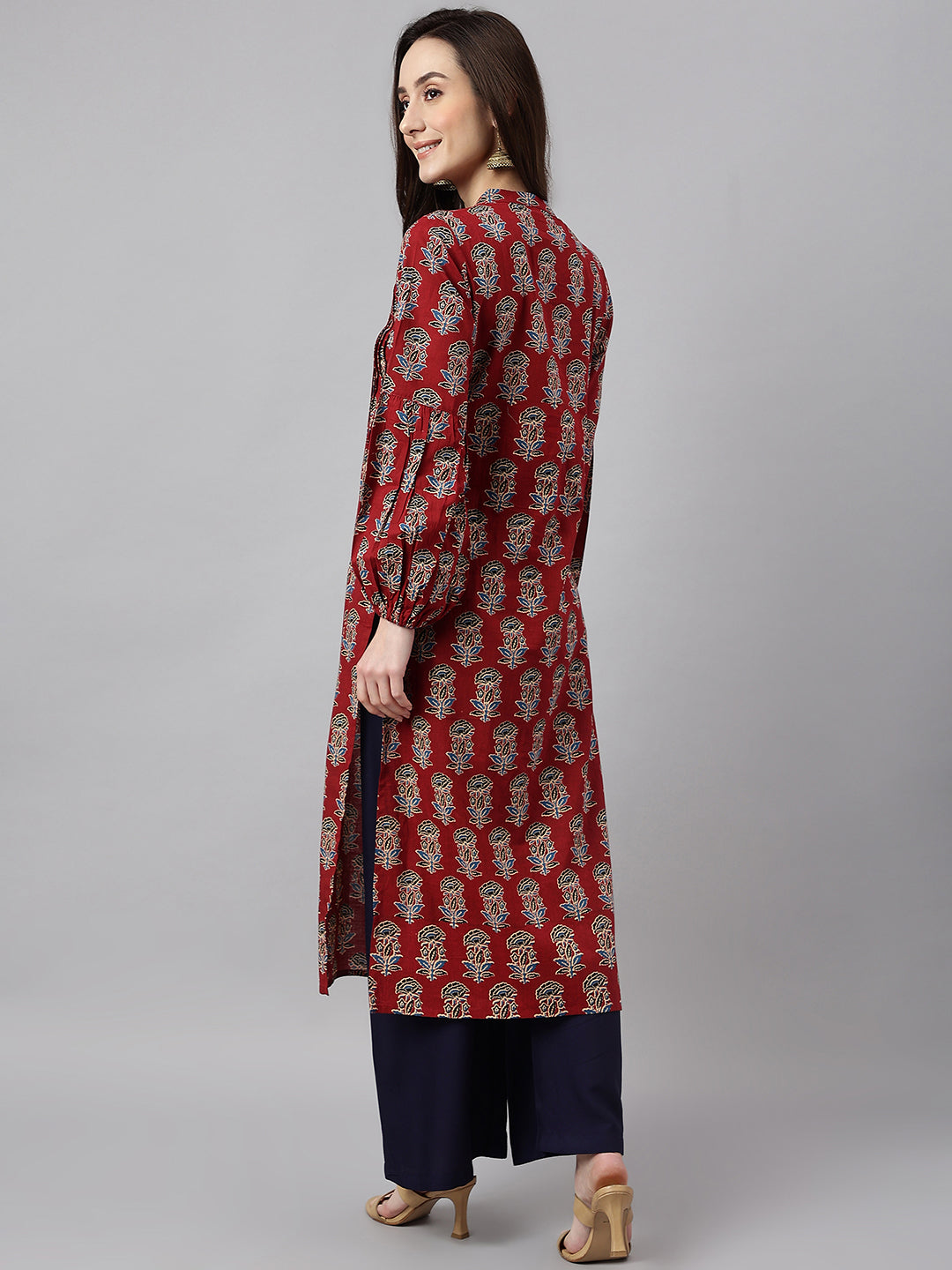 Women's Maroon Cotton Floral Print Flared Kurta Janasya