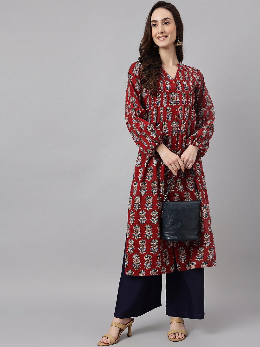 Women's Maroon Cotton Floral Print Flared Kurta Janasya
