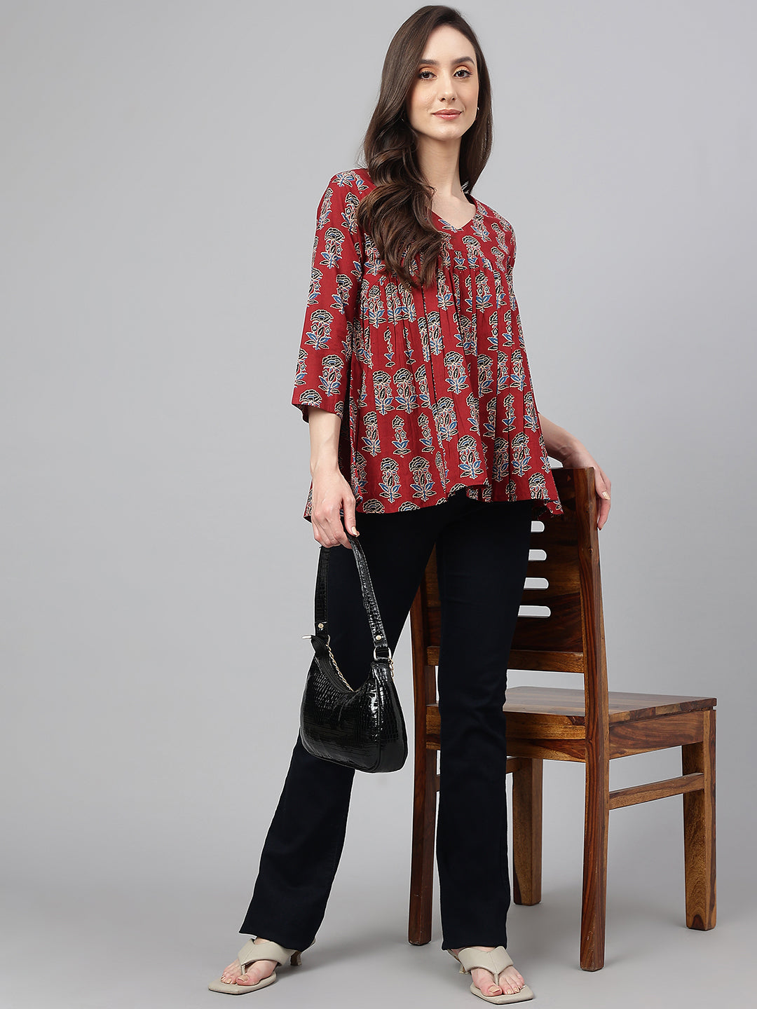 Maroon Cotton Floral Block Print Flared Top Janasya