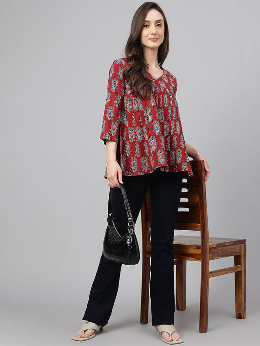 Maroon Cotton Floral Block Print Flared Top Janasya