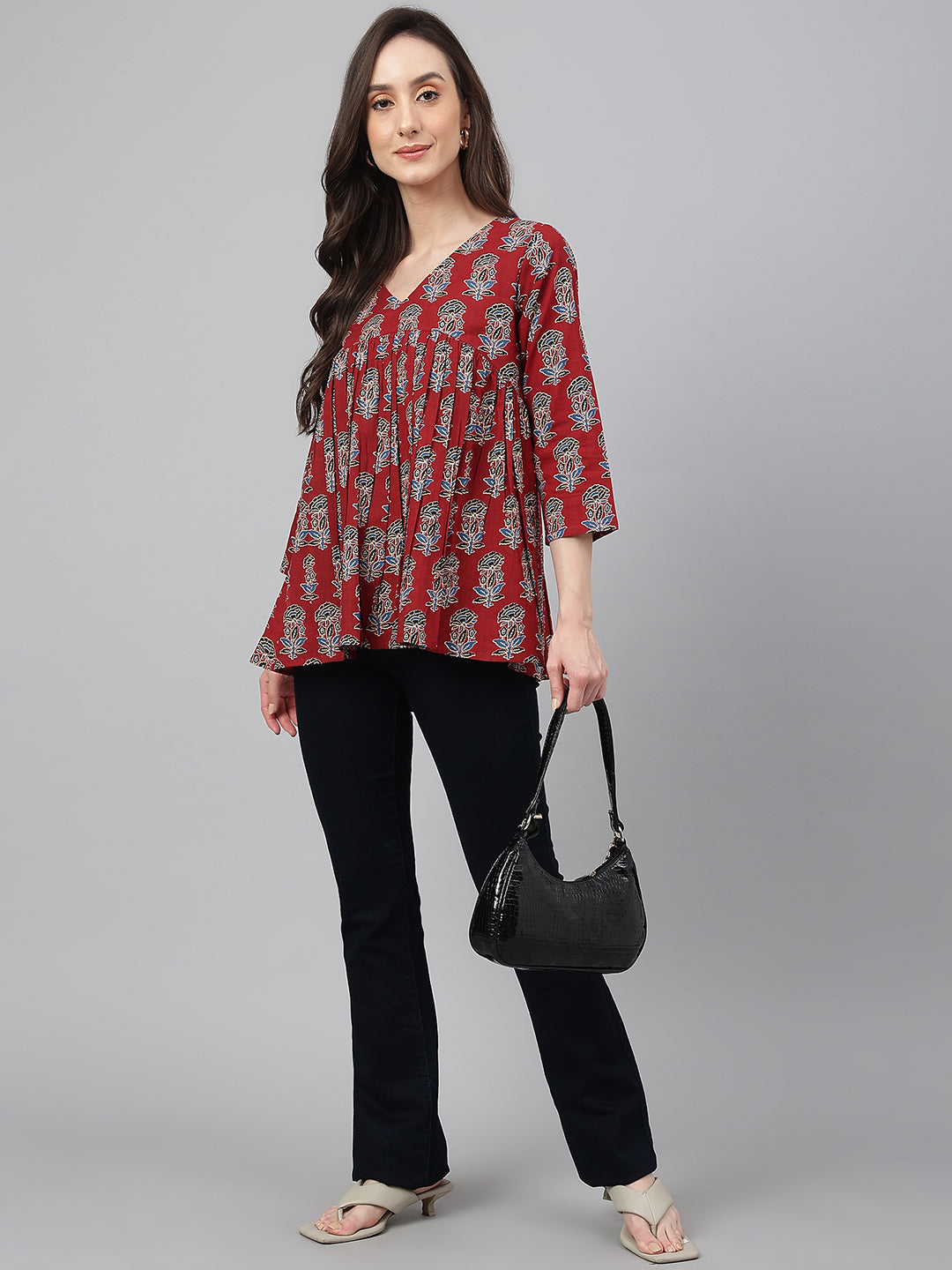 Maroon Cotton Floral Block Print Flared Top Janasya