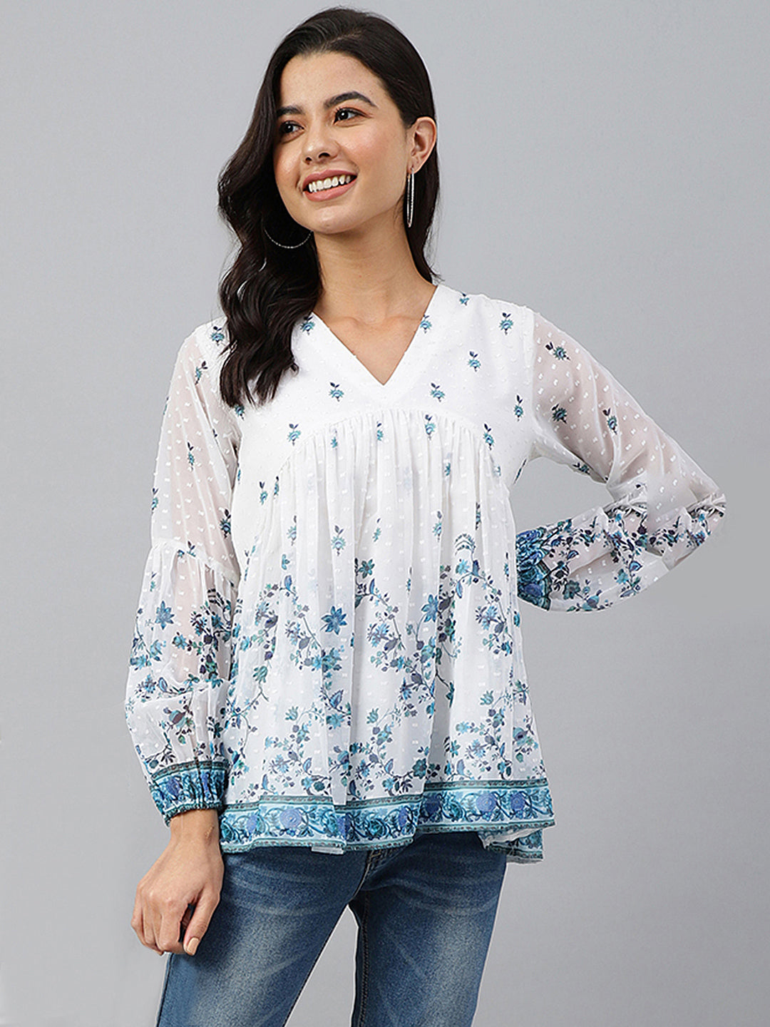 White Georgette Digital Print Flared Top Janasya