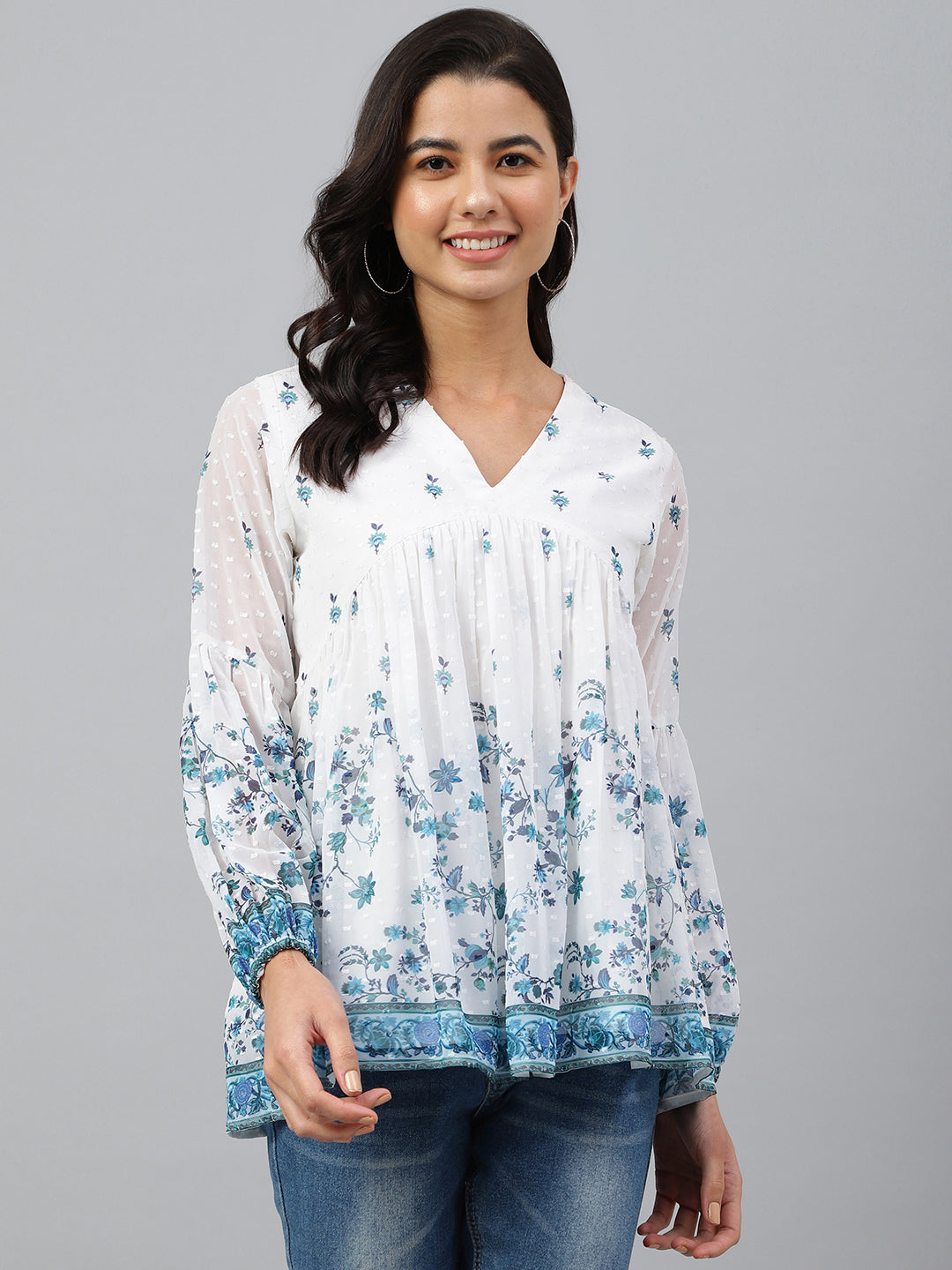 White Georgette Digital Print Flared Top Janasya