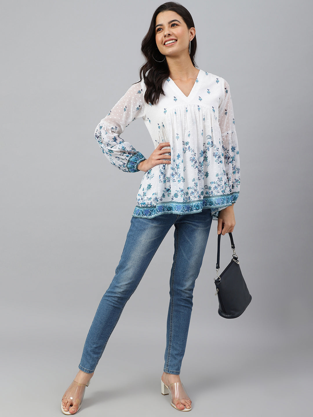 White Georgette Digital Print Flared Top Janasya