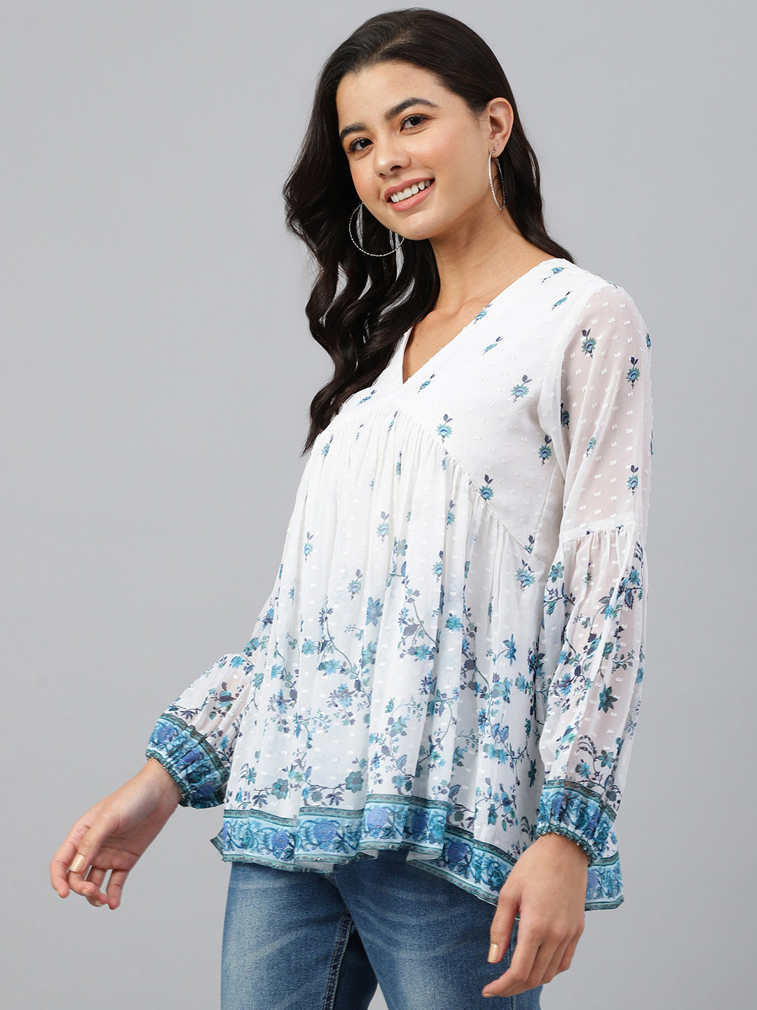 White Georgette Digital Print Flared Top Janasya