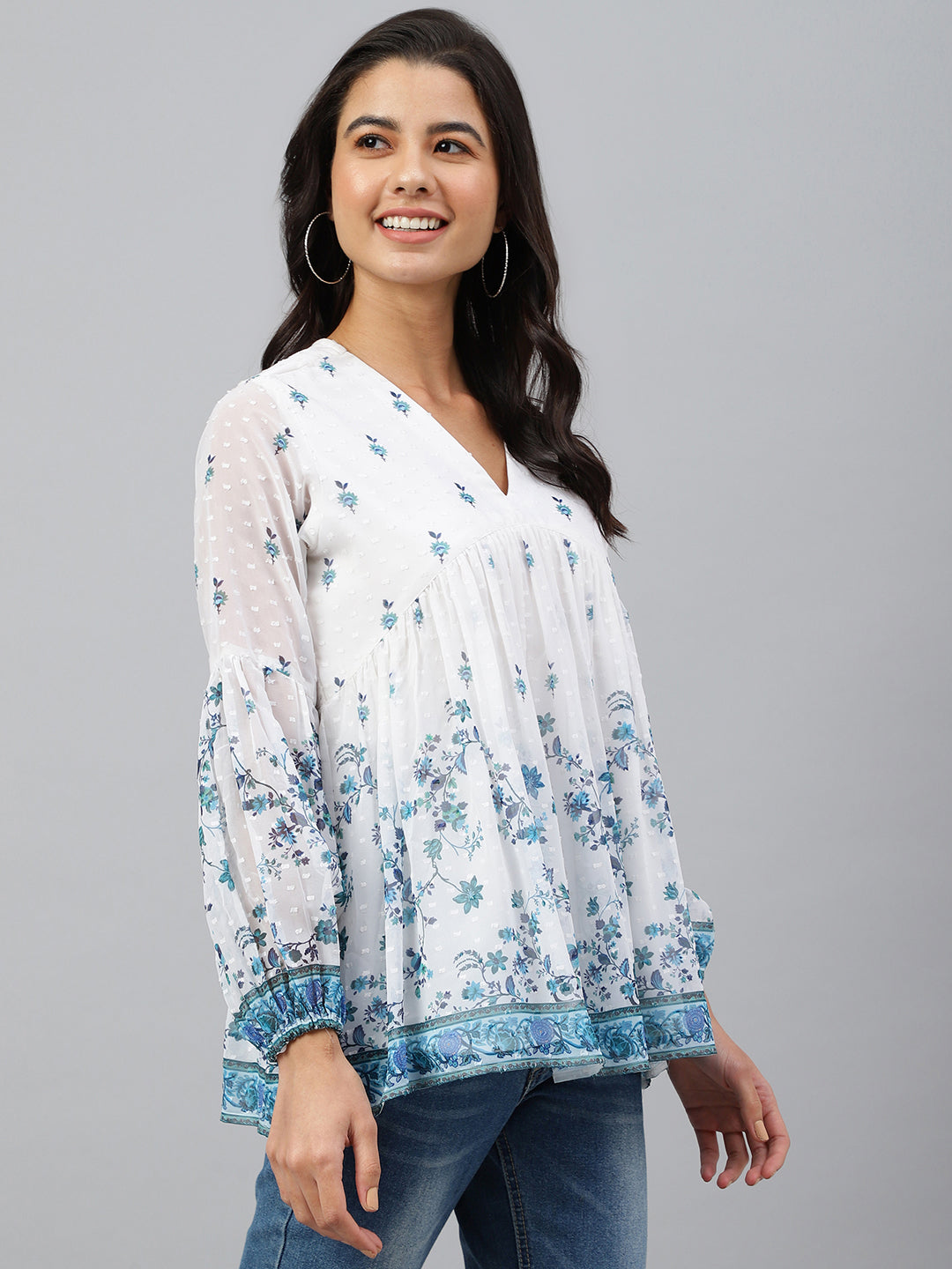 White Georgette Digital Print Flared Top Janasya