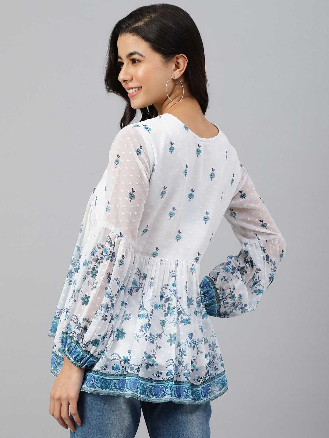 White Georgette Digital Print Flared Top Janasya