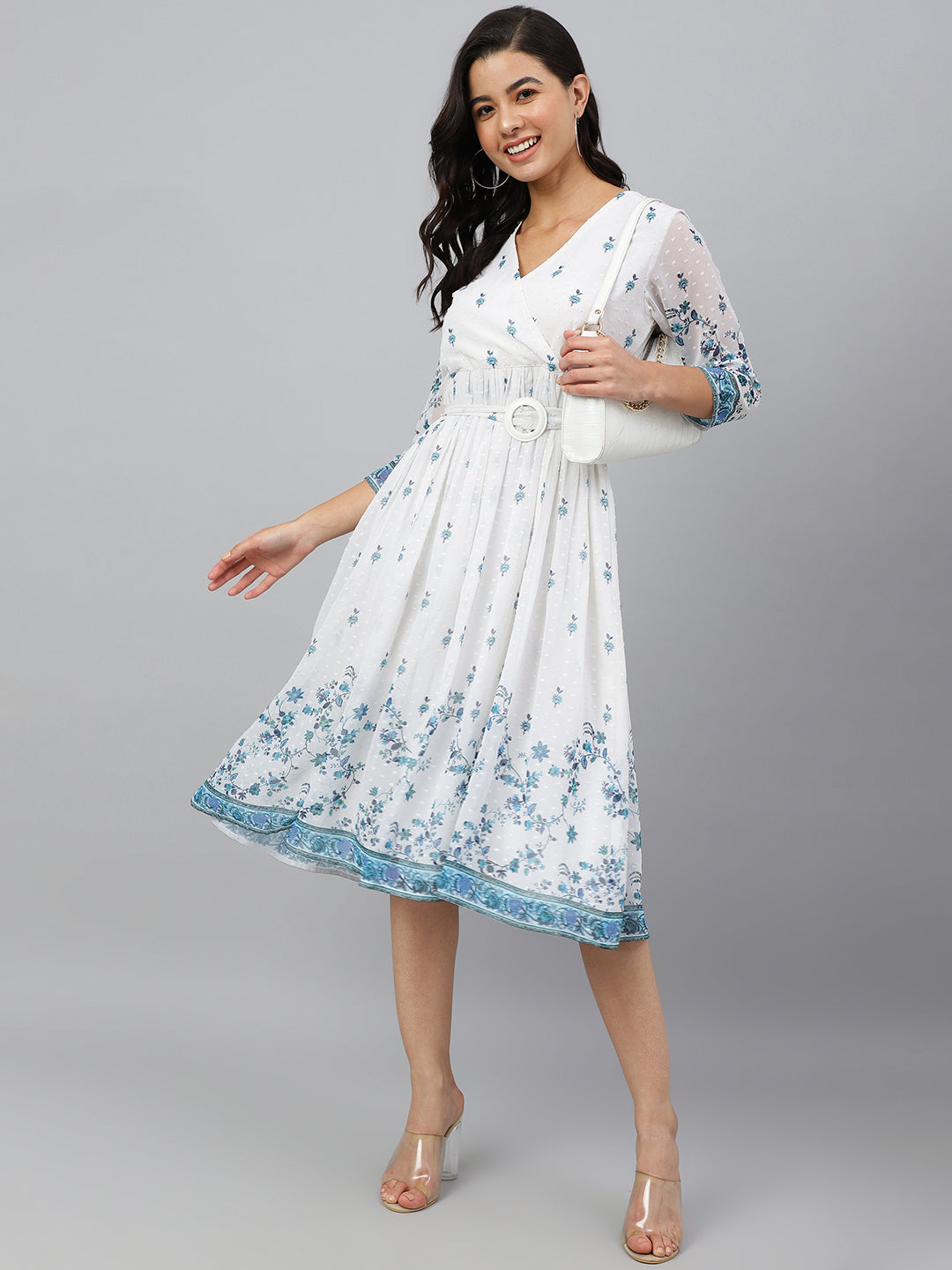 White Georgette Digital Print Flared Western Dress Janasya
