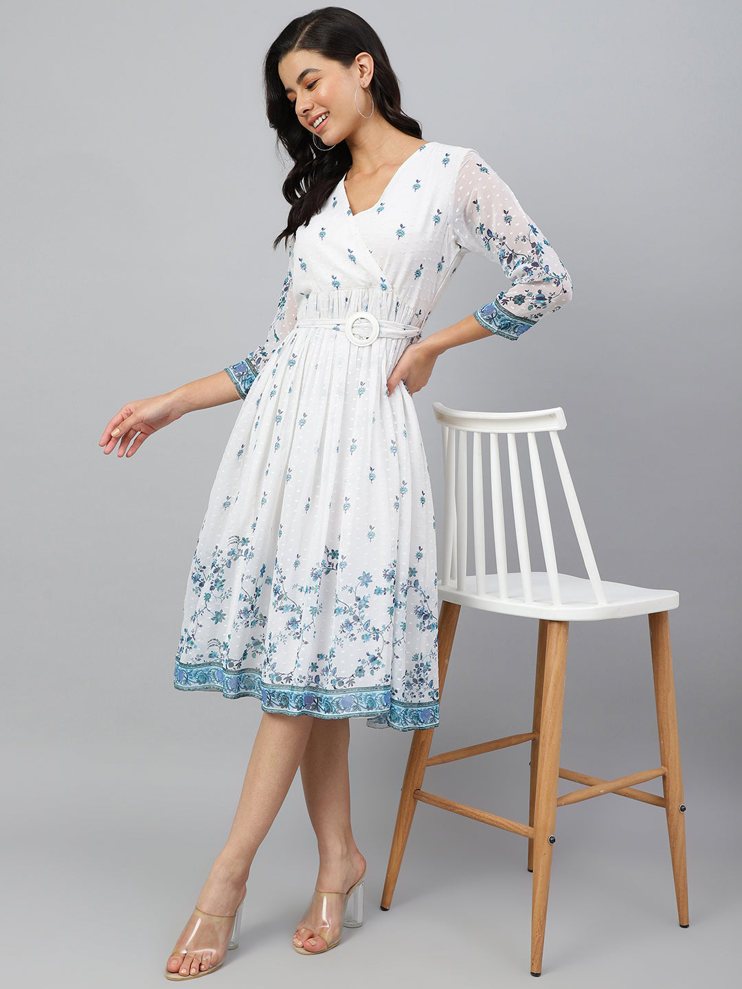 White Georgette Digital Print Flared Western Dress Janasya