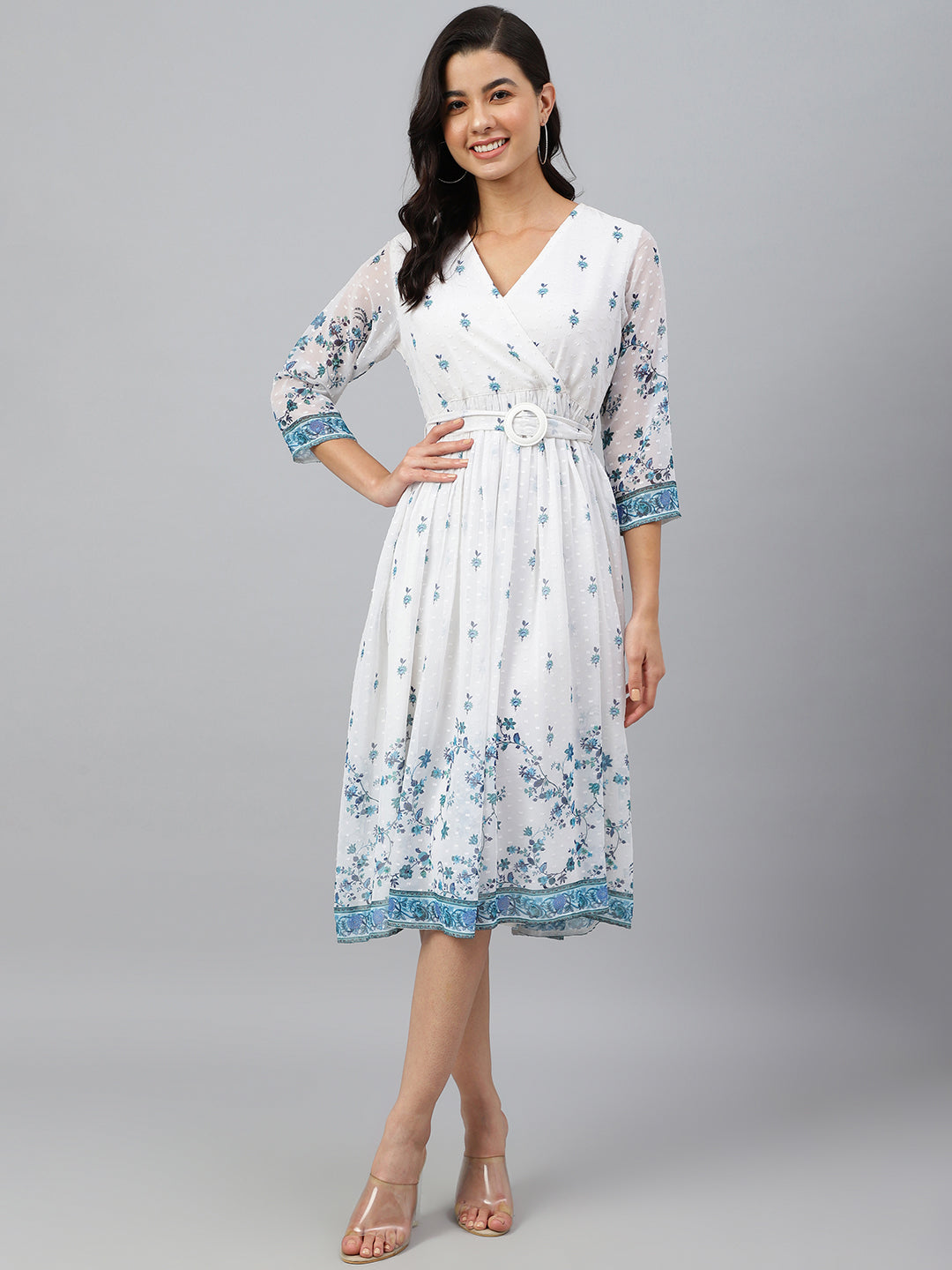 White Georgette Digital Print Flared Western Dress Janasya