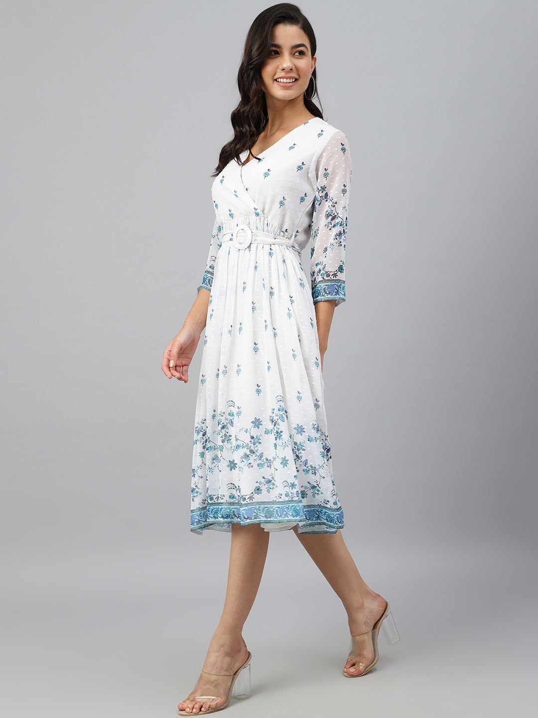 White Georgette Digital Print Flared Western Dress Janasya