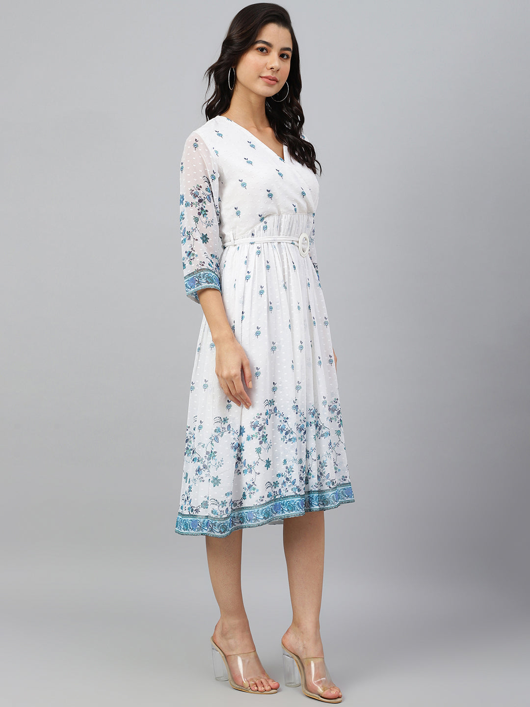 White Georgette Digital Print Flared Western Dress Janasya