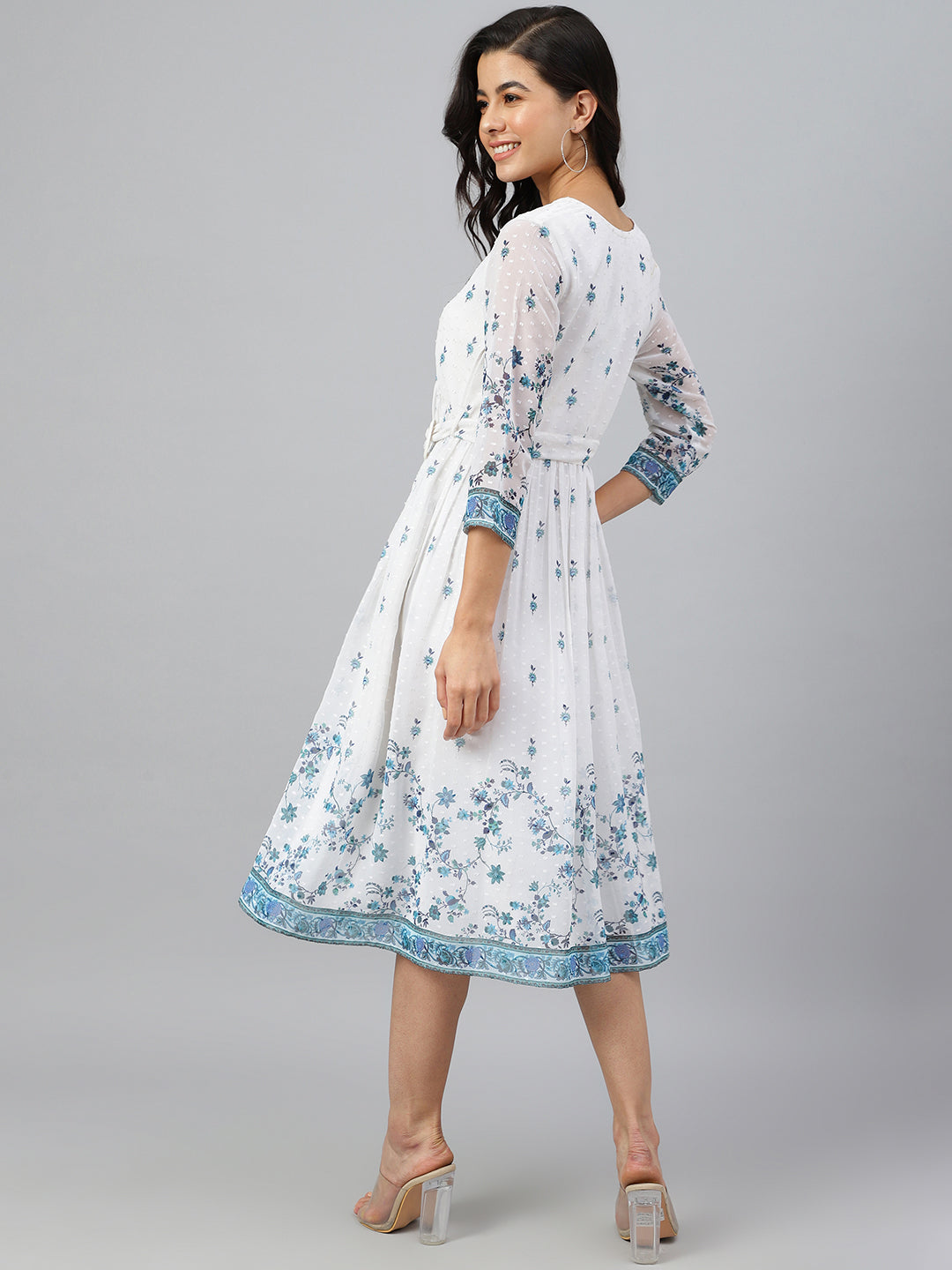 White Georgette Digital Print Flared Western Dress Janasya