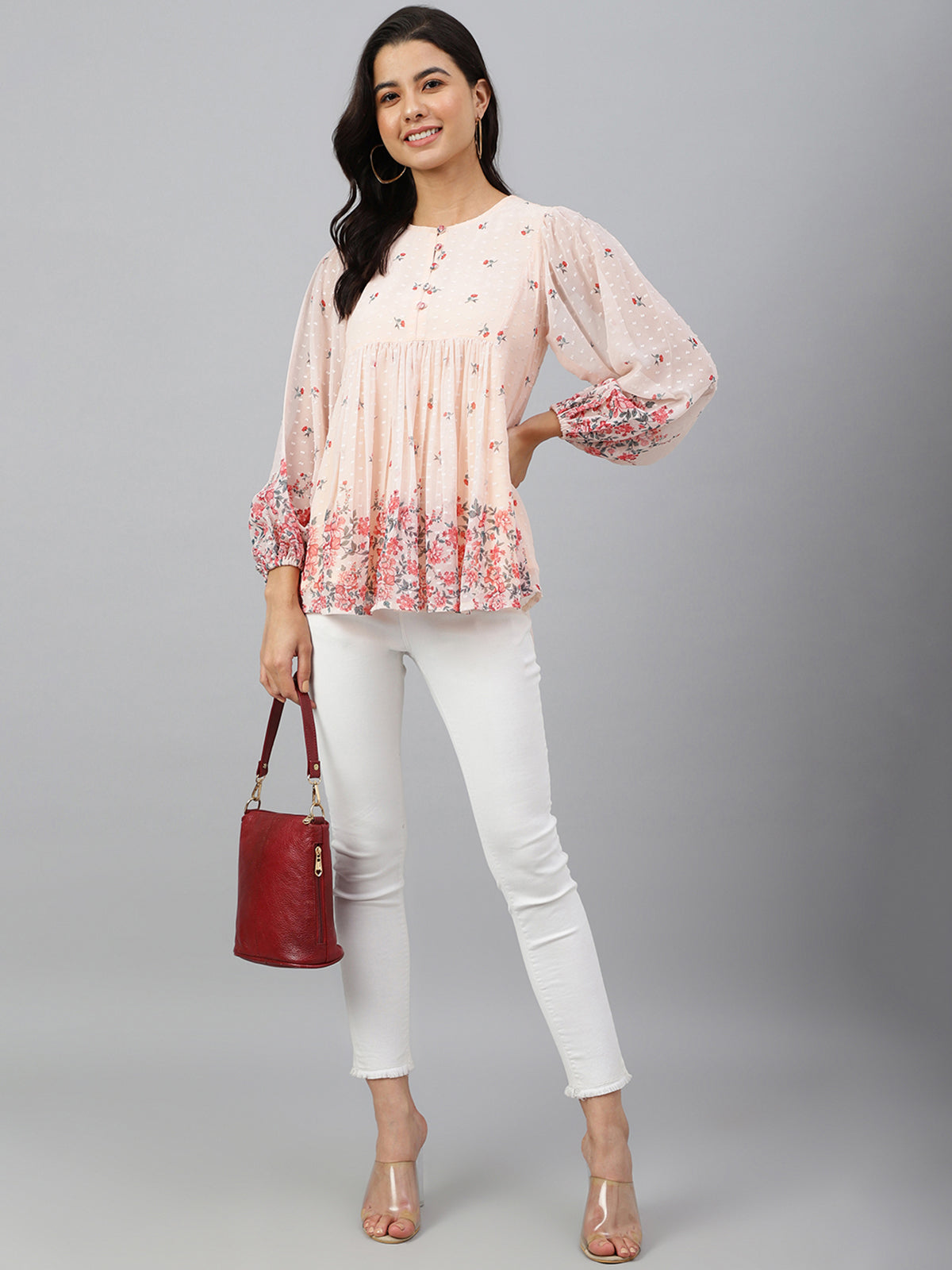 Peach Georgette Floral Print Flared Top Janasya