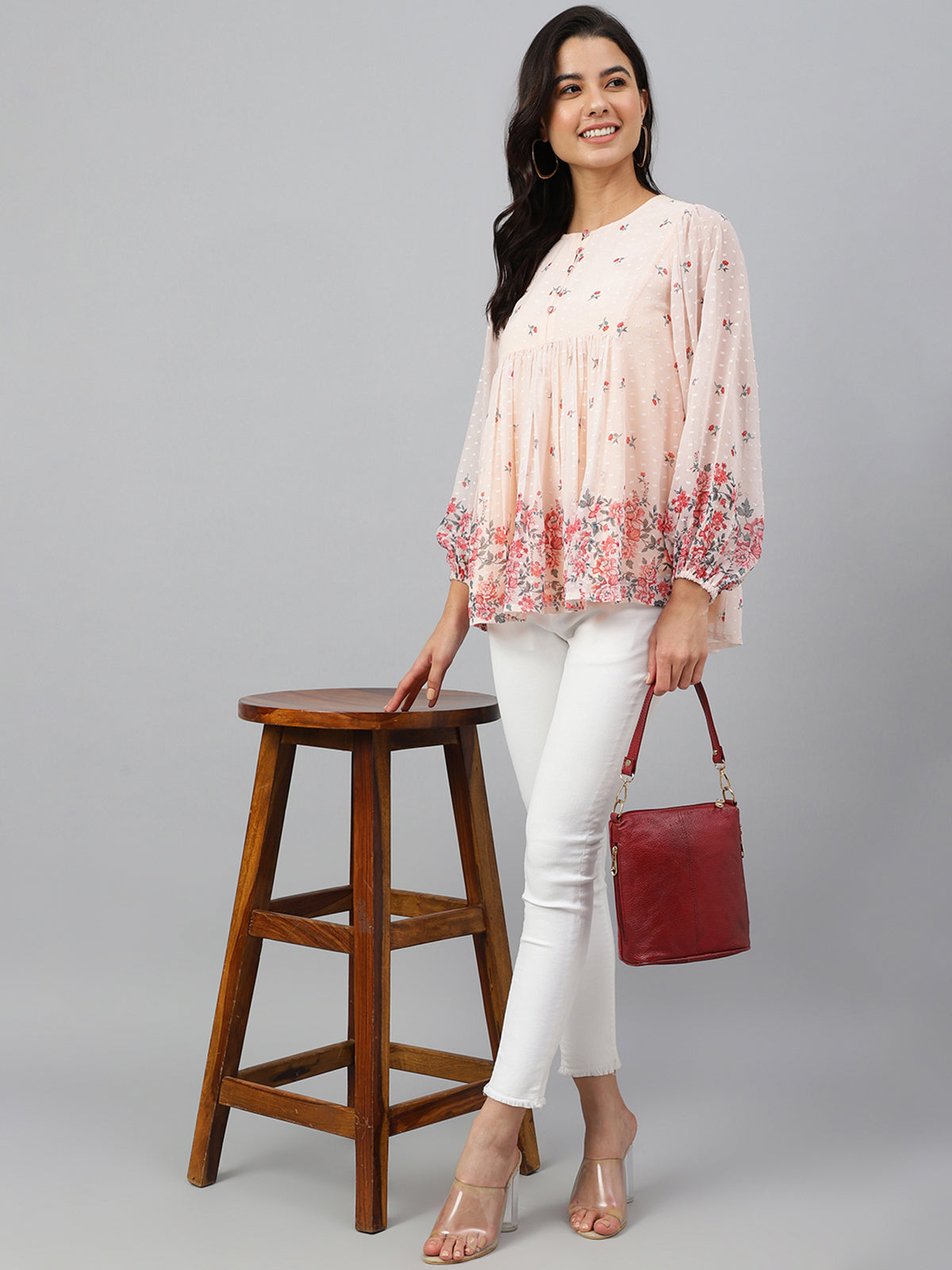 Peach Georgette Floral Print Flared Top Janasya