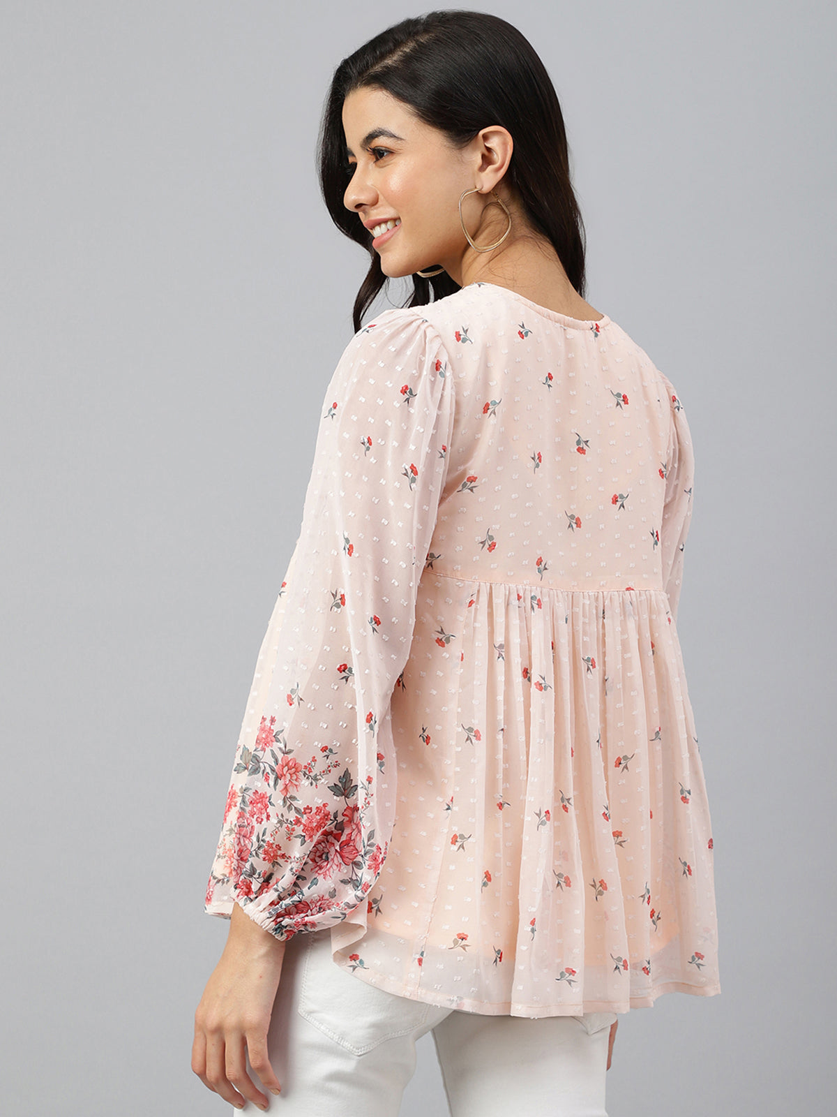 Peach Georgette Floral Print Flared Top Janasya