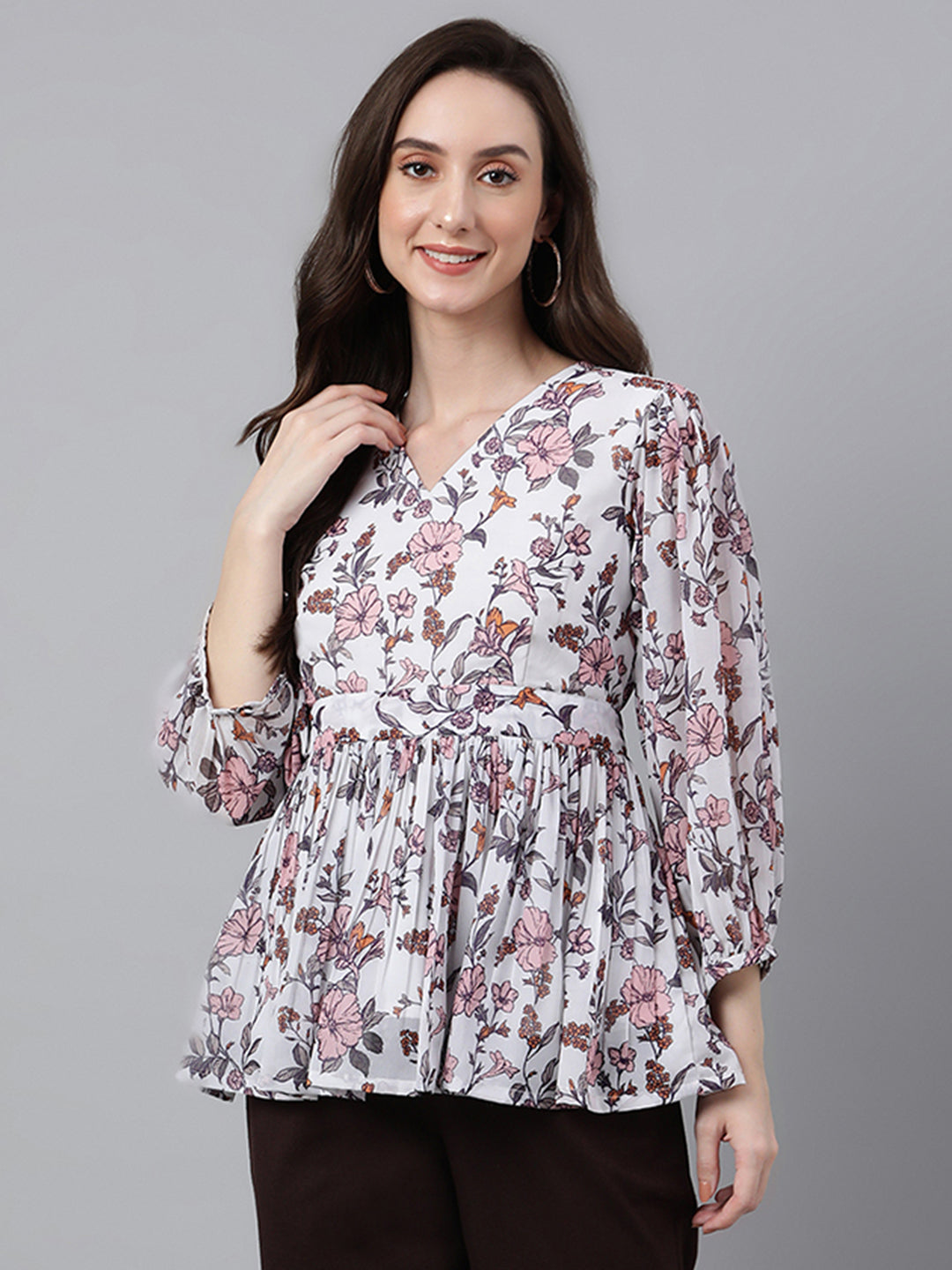White Georgette Floral Print Peplum Top Janasya