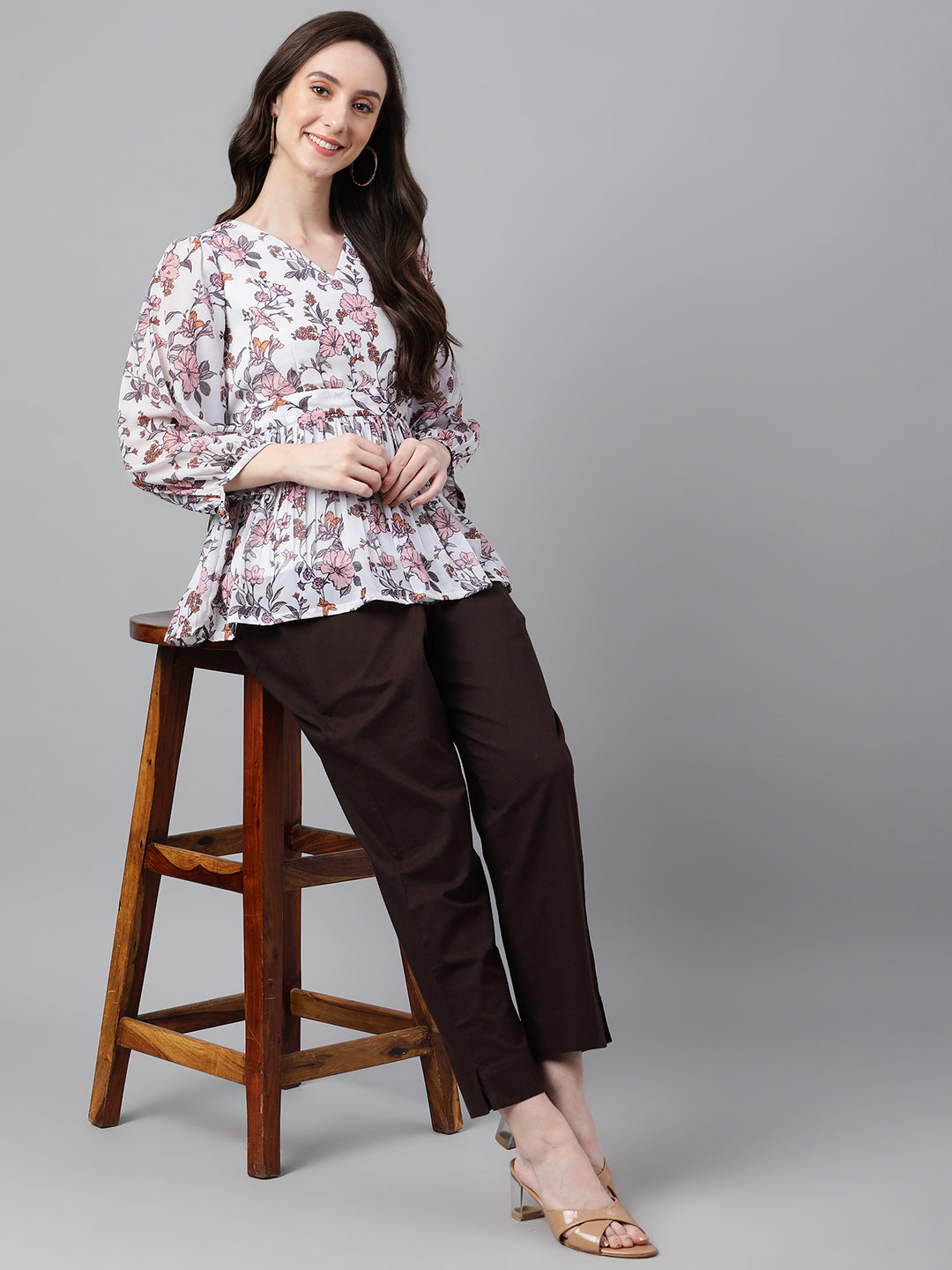 White Georgette Floral Print Peplum Top Janasya
