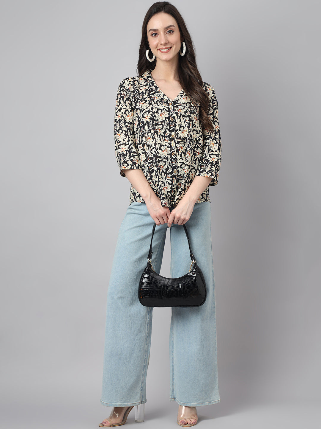 Women's Black Cotton Floral Print Regular Top Janasya