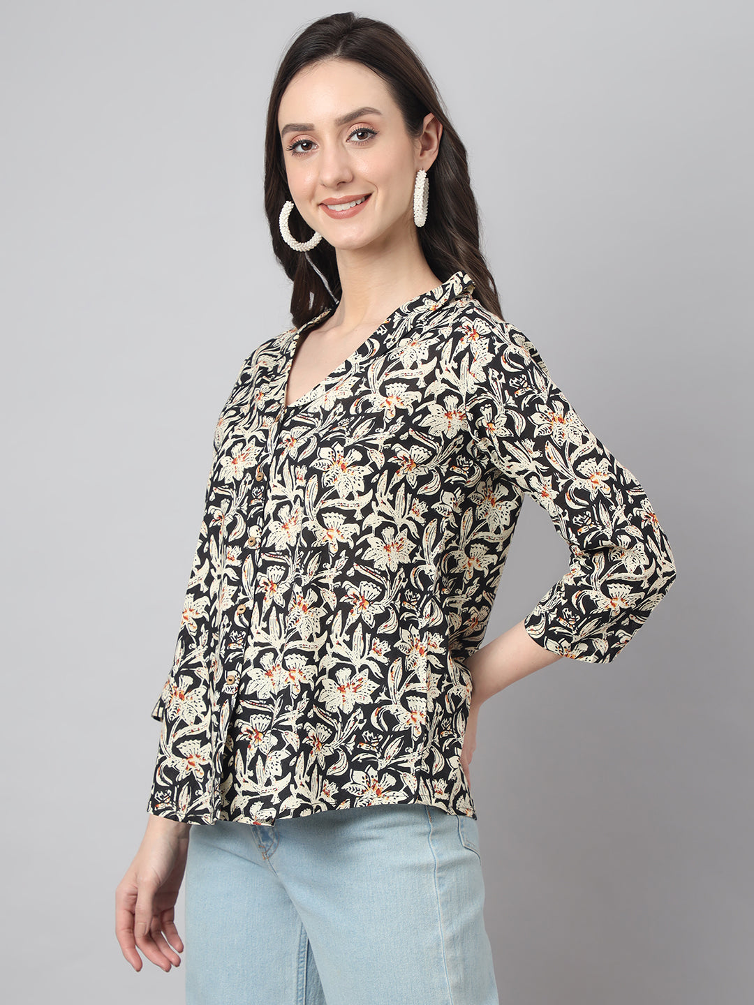 Women's Black Cotton Floral Print Regular Top Janasya