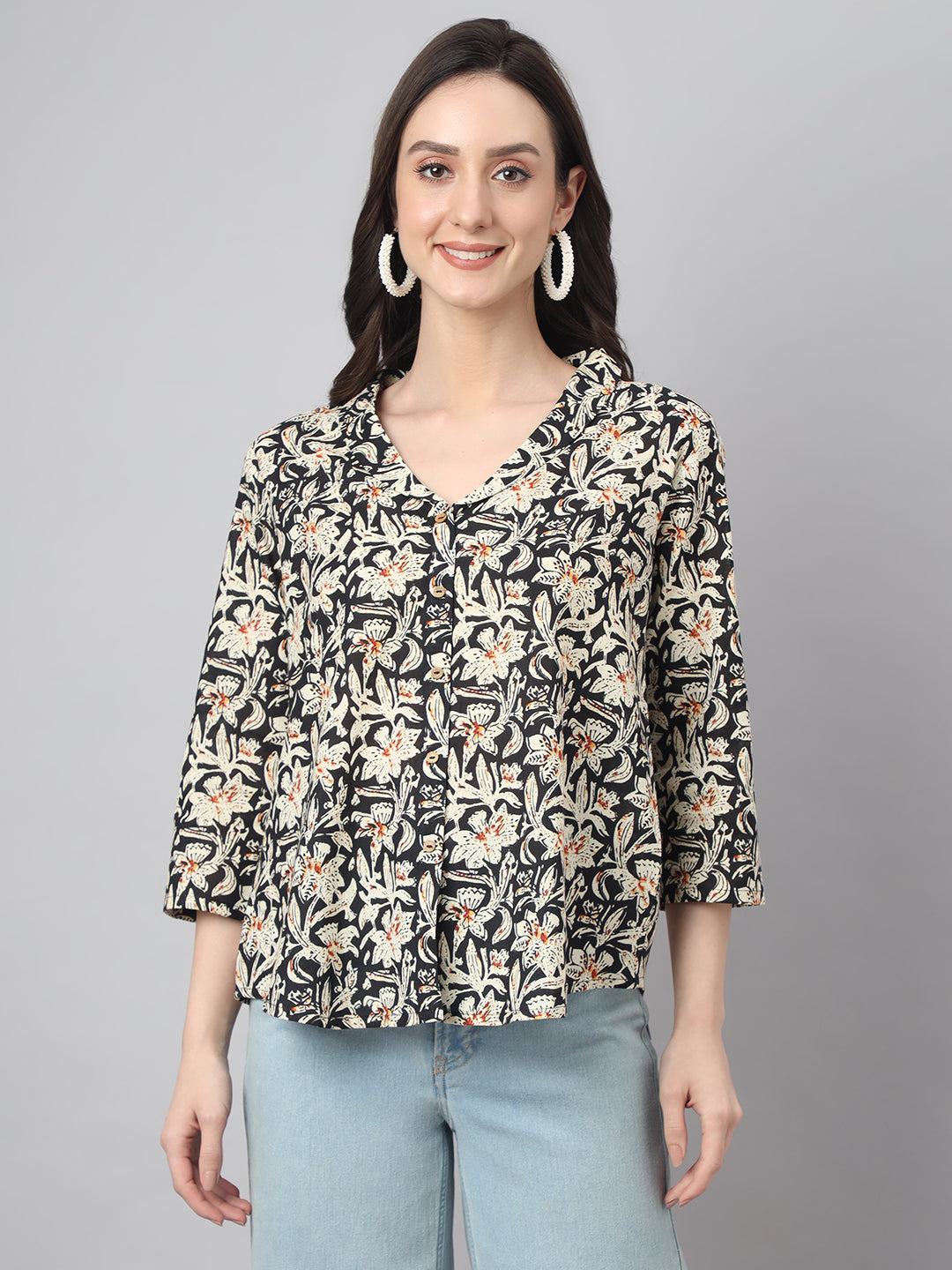 Women's Black Cotton Floral Print Regular Top Janasya