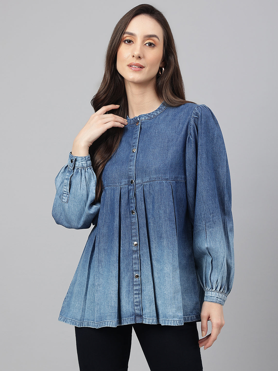Blue Denim Faded Flared Top Janasya