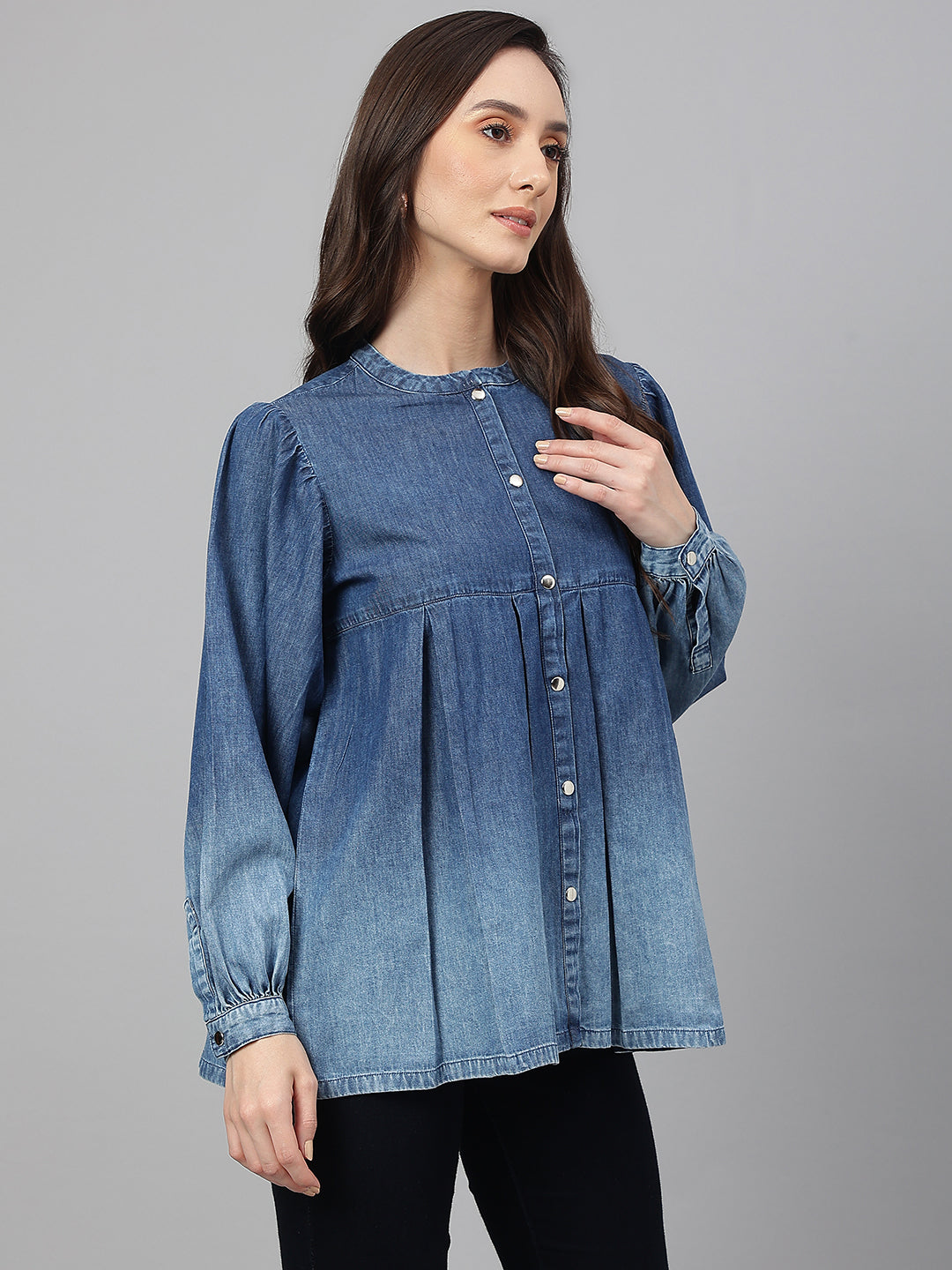Blue Denim Faded Flared Top Janasya