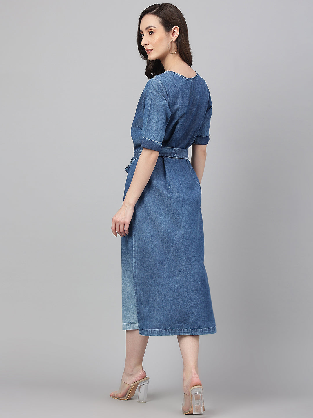Blue Denim Solid Straight Western Dress Janasya