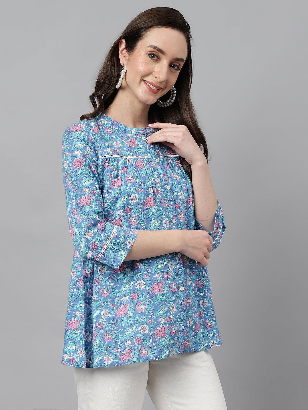 Women's Blue Cotton Botanical Print Empire Top Janasya