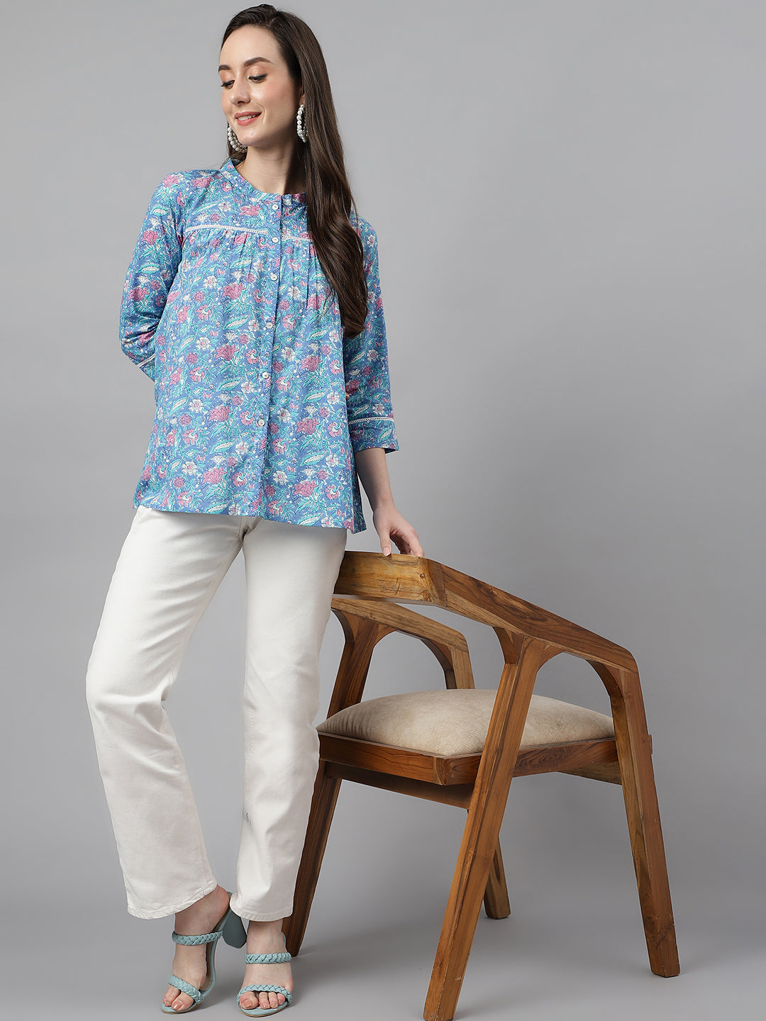 Women's Blue Cotton Botanical Print Empire Top Janasya