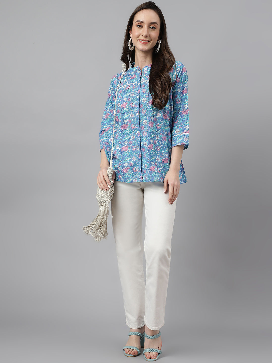 Women's Blue Cotton Botanical Print Empire Top Janasya