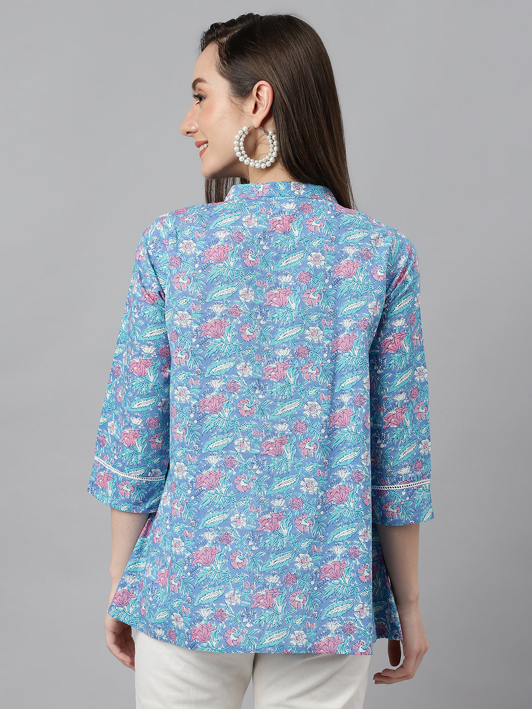 Women's Blue Cotton Botanical Print Empire Top Janasya