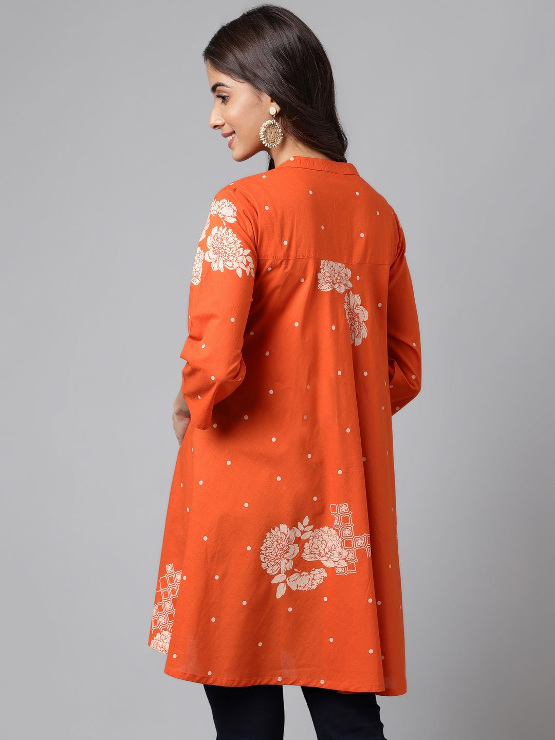 Orange Cotton Floral Printed Flared Tunic