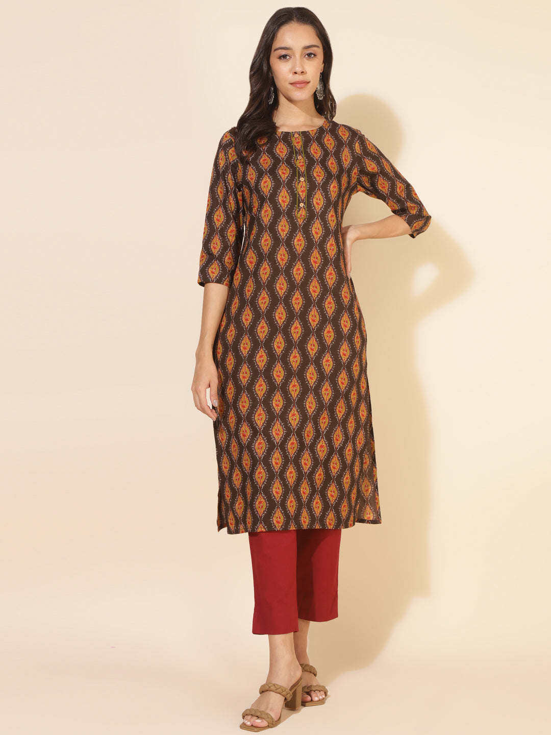 Brown Cotton Printed Straight Kurta