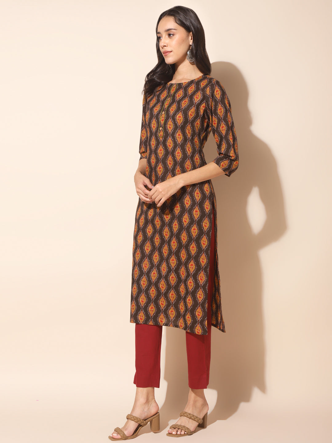 Brown Cotton Printed Straight Kurta