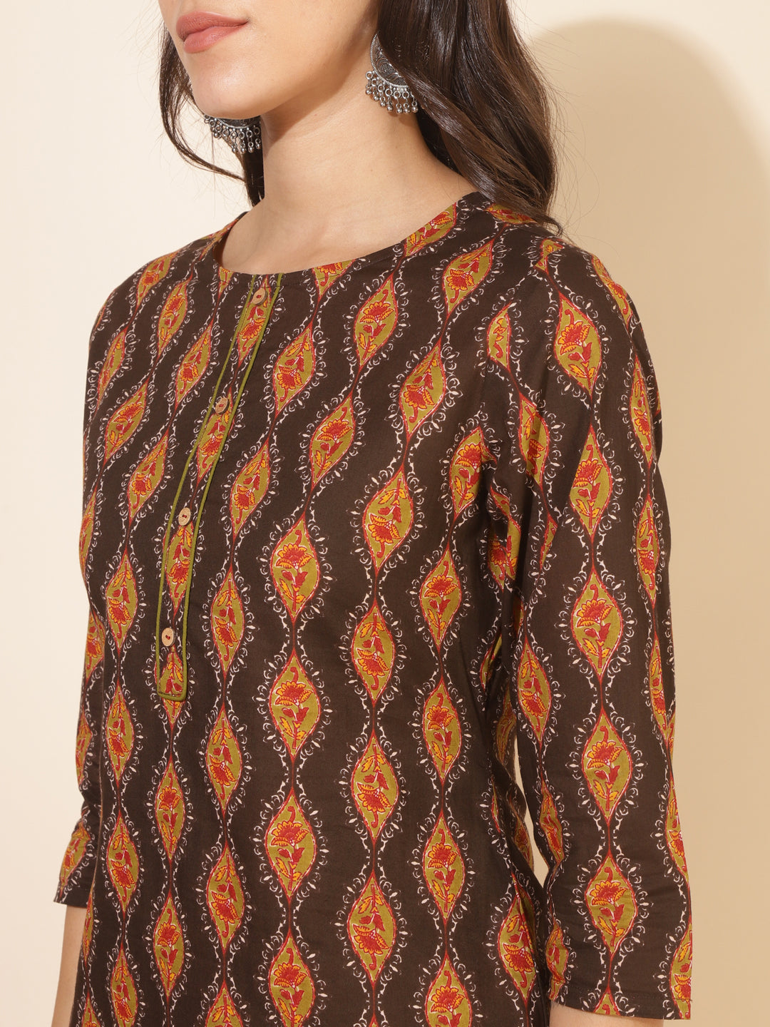 Brown Cotton Printed Straight Kurta