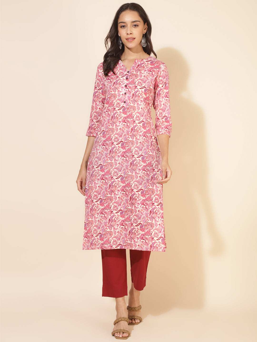 Cream Cotton Floral Regular Kurta