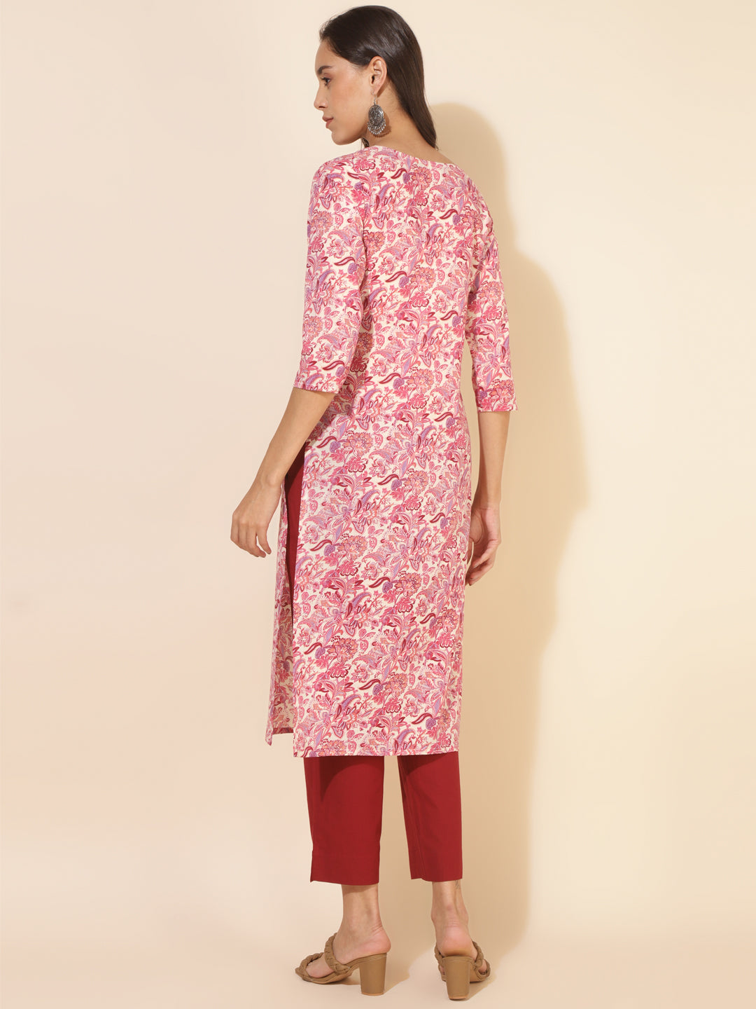 Cream Cotton Floral Regular Kurta