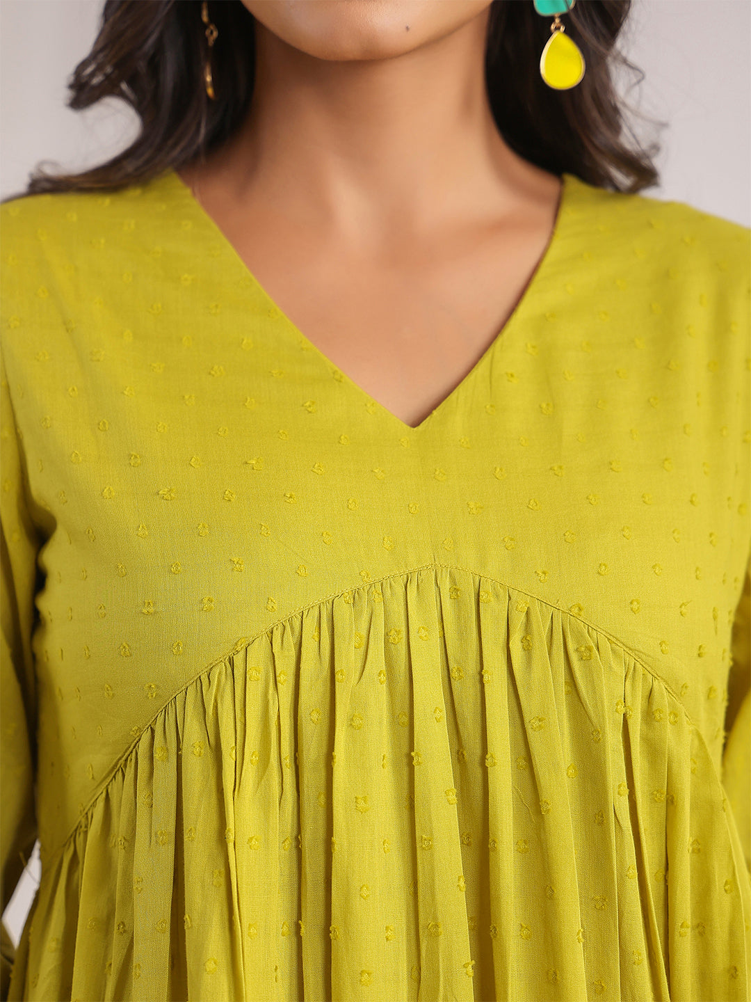 Green Dobby Cotton Woven Design Tiered Dress