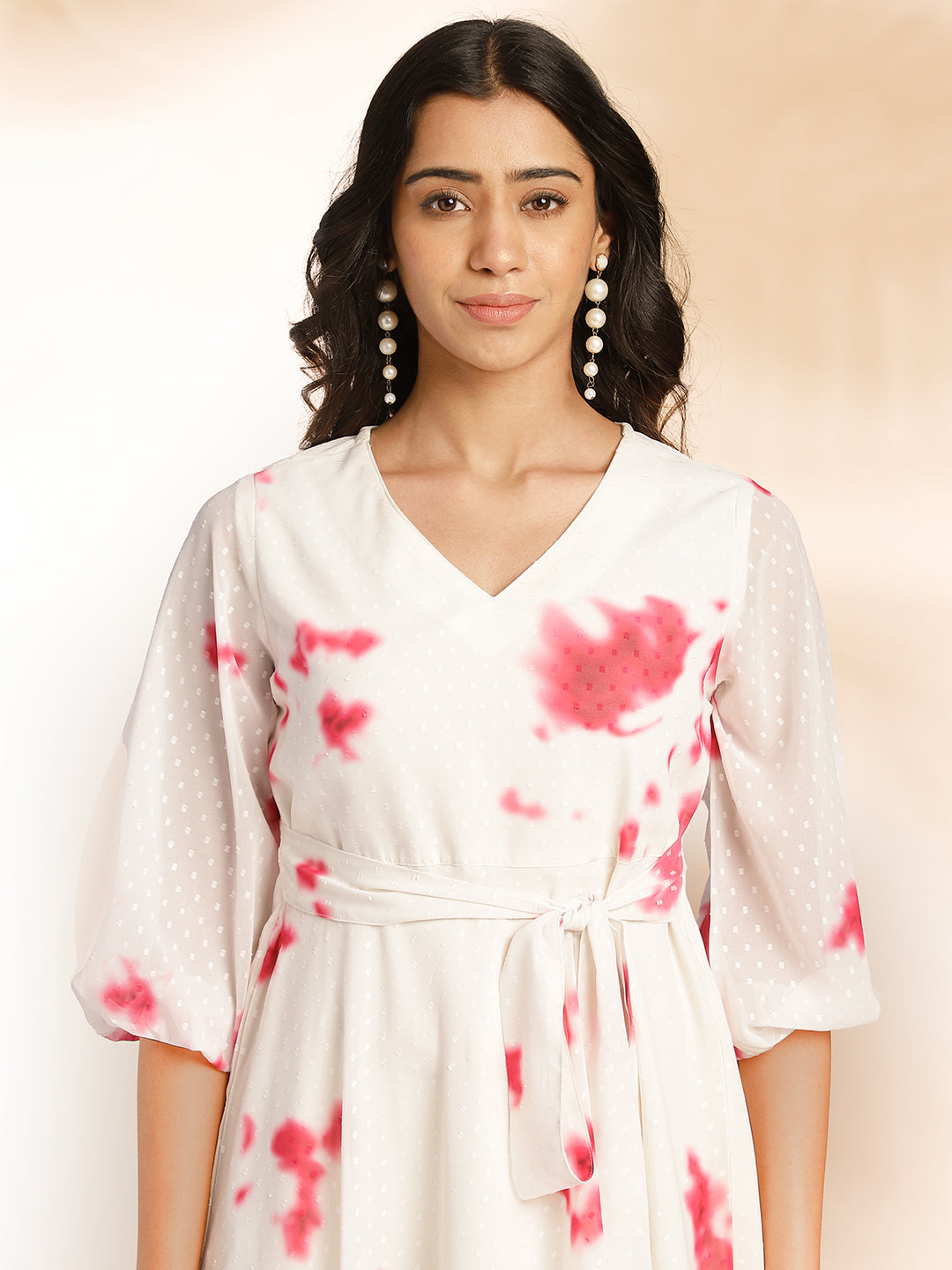Off White Dobby Georgette Tie & Dye Fit & Flare Dress