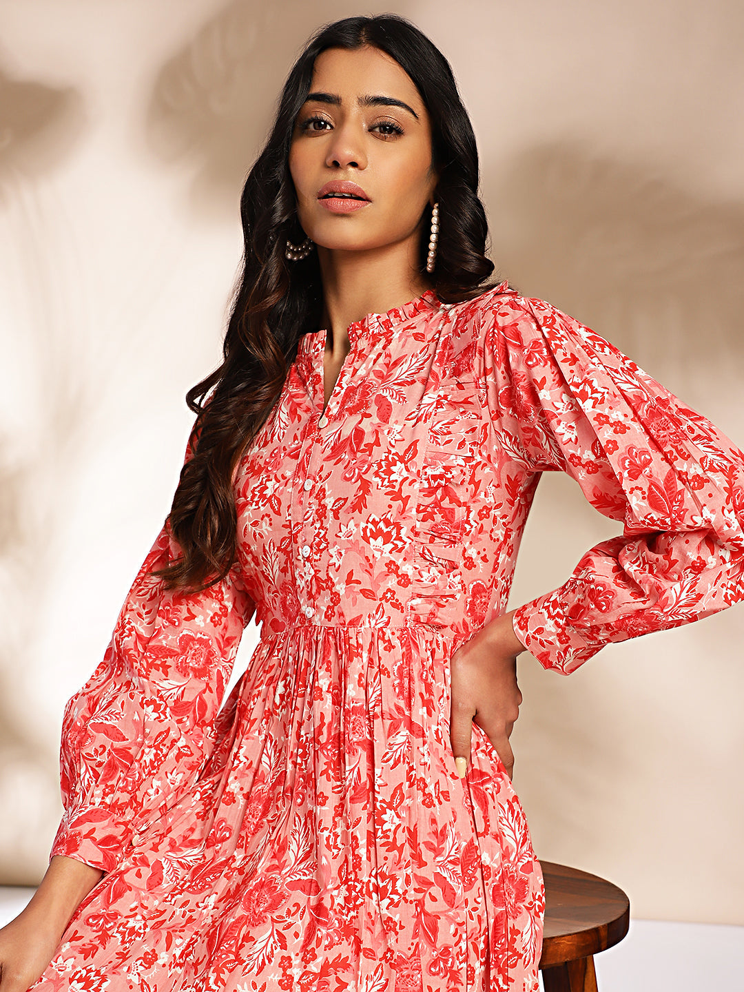 Pink Cotton Floral Fit & Flare Dress