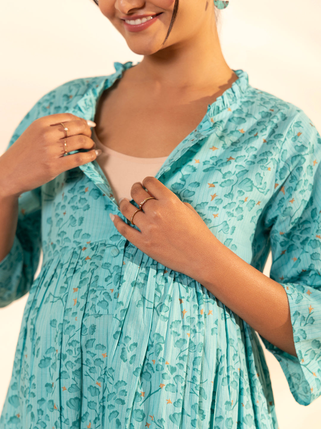 Sea Green Cotton Floral Printed Maternity Kurta with Palazzo