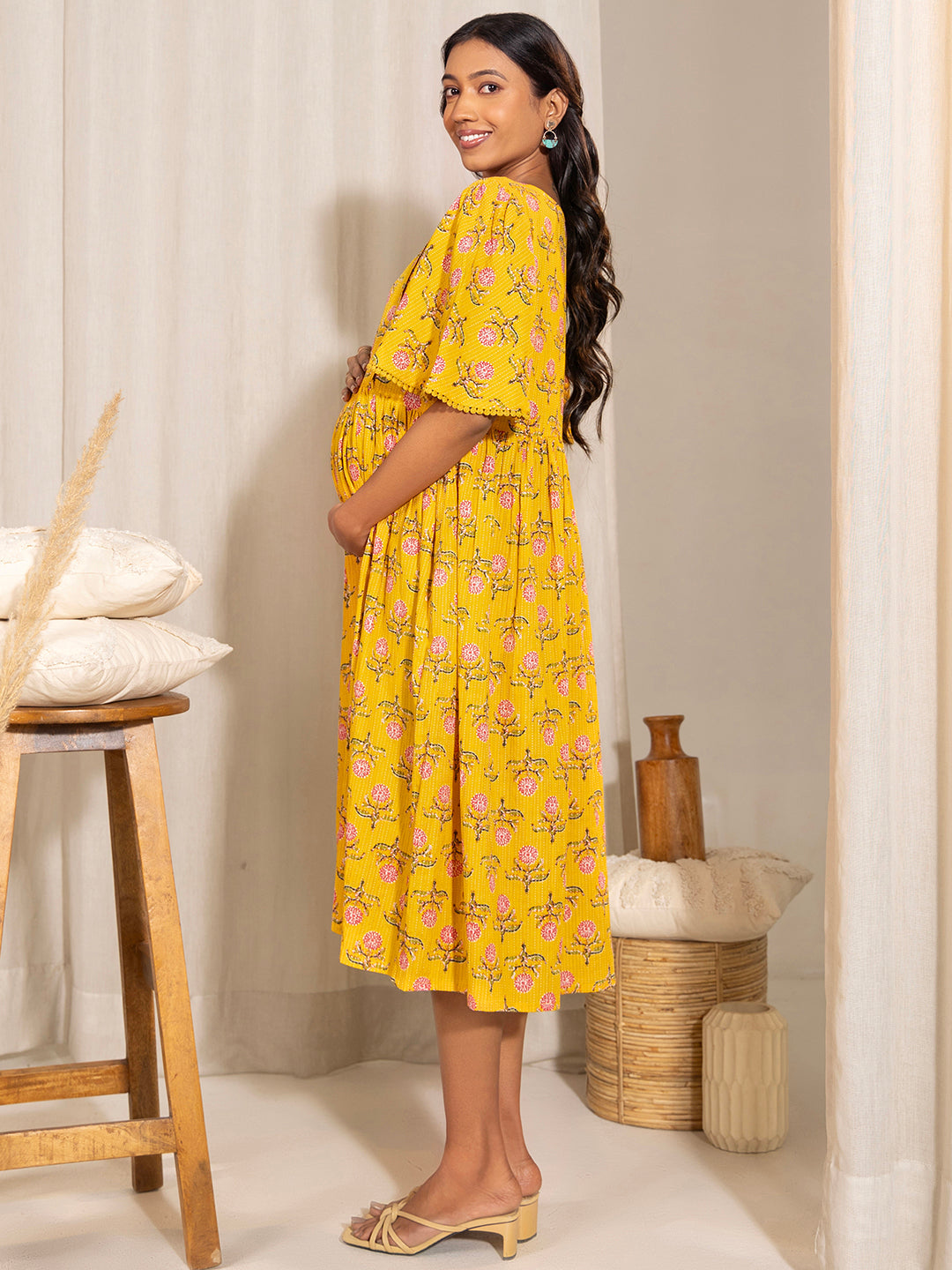 Yellow Cotton Floral Fit & Flare Maternity Dress