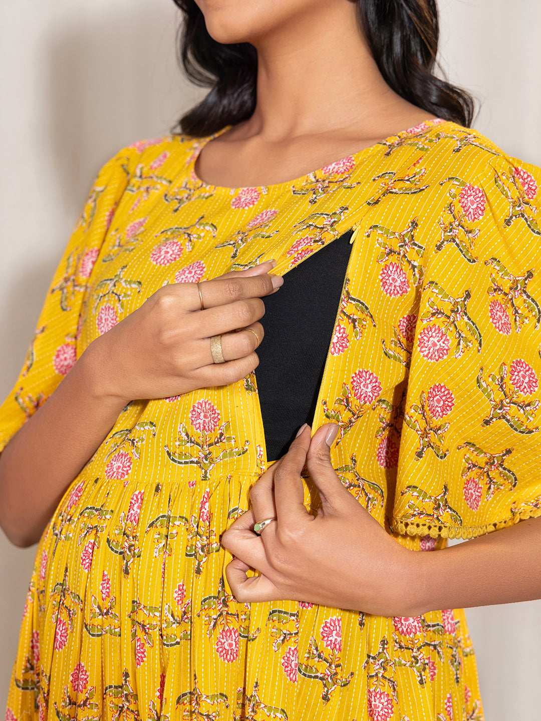 Yellow Cotton Floral Fit & Flare Maternity Dress
