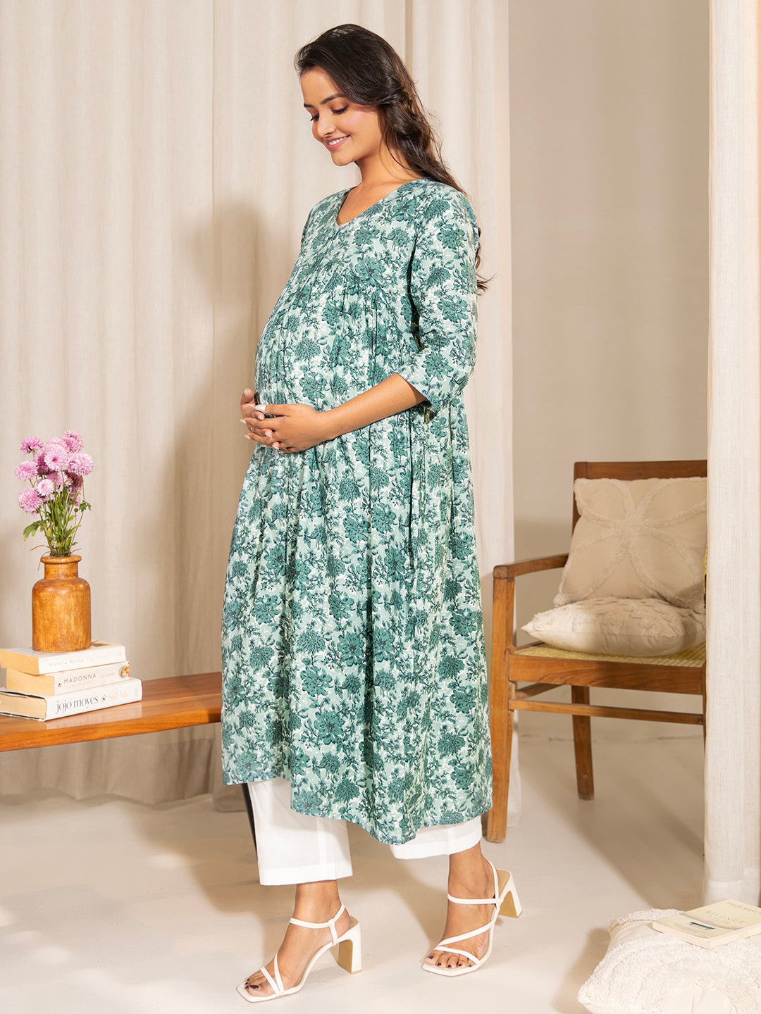 Sage Green Cotton Floral Printed A-Line Maternity Kurta