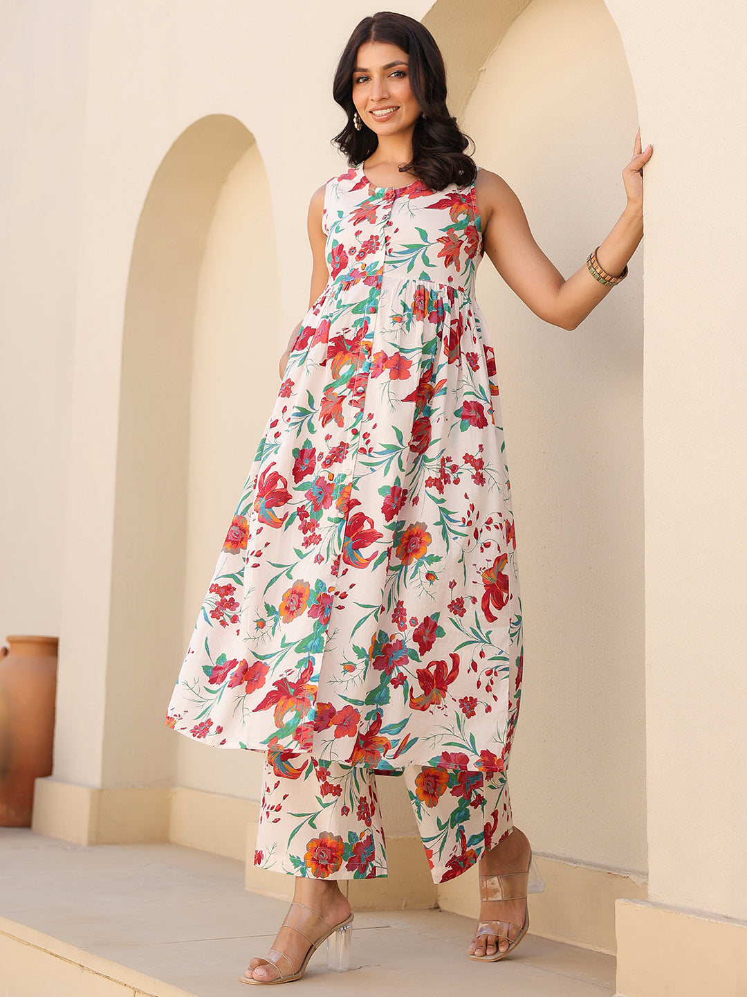 Cream Pure Cotton Floral Printed A-line Maternity Kurta Pant Set