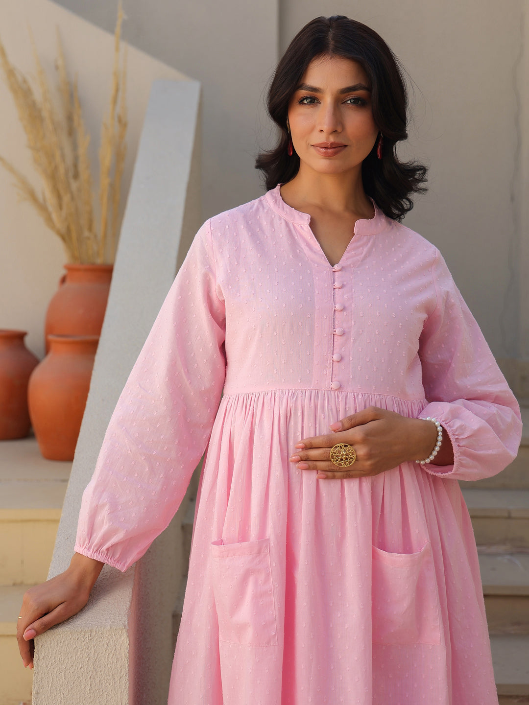 Light Pink Dobby Pure Cotton Self Design A-line Maternity Kurta Pant Set