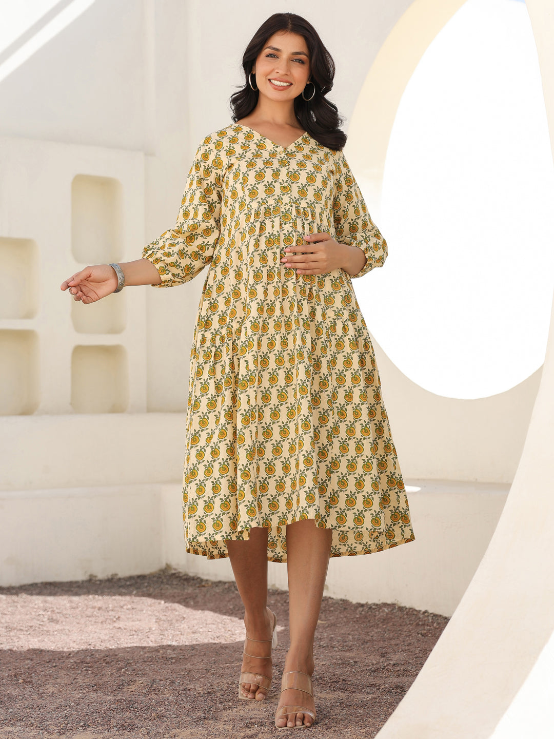 Cream Pure Cotton Floral Printed A-line Maternity Dress